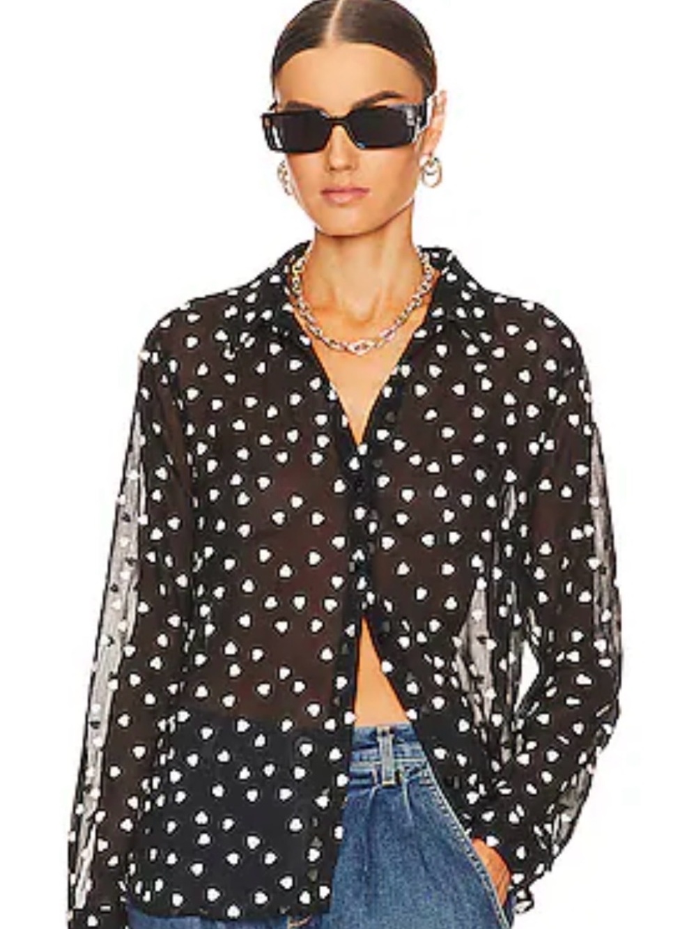 L’Agence Laurent Blouse Black with Ivory Heart Embroidery design. Sheer. Size M